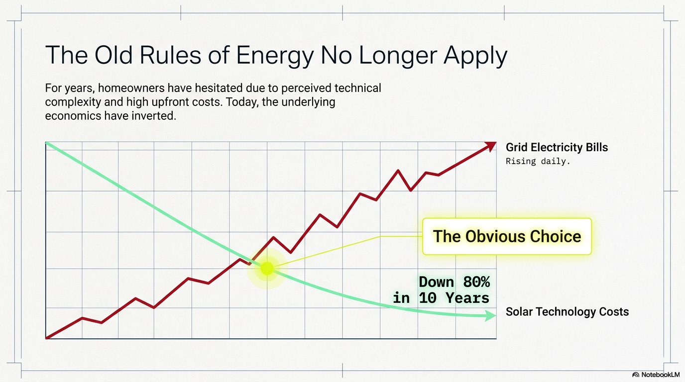 "The Old Rules of Energy No Longer Apply." It shows a red line representing "Grid Electricity Bills" rising steadily over time, while a green line shows "Solar Technology Costs" dropping by 80% in 10 years. The intersection is highlighted as "The Obvious Choice.""The Old Rules of Energy No Longer Apply." It shows a red line representing "Grid Electricity Bills" rising steadily over time, while a green line shows "Solar Technology Costs" dropping by 80% in 10 years. The intersection is highlighted as "The Obvious Choice."