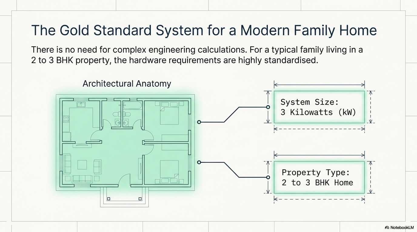"The Gold Standard System for a Modern Family Home." It features a floor plan of a 2 to 3 BHK property and specifies a standardized hardware requirement of a 3 Kilowatt (kW) system size.