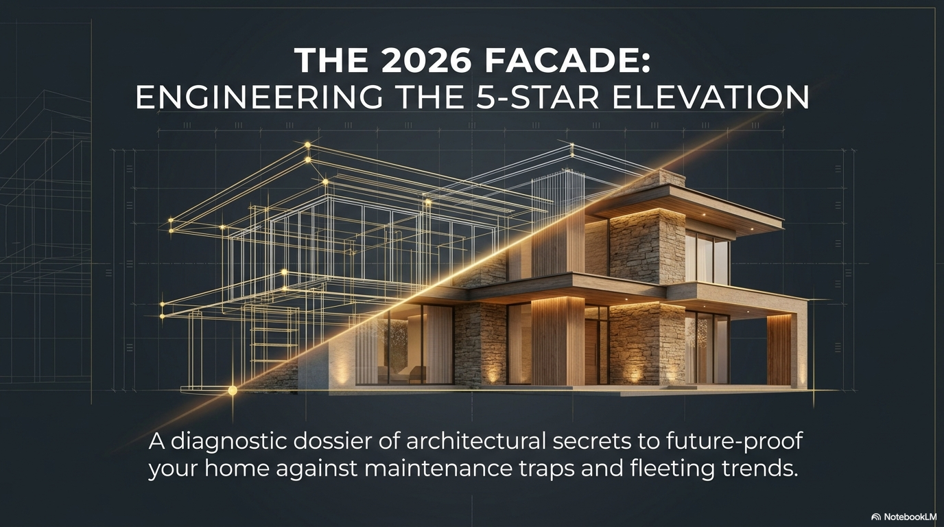 Architectural visualization showing a wireframe blueprint transforming into a modern luxury house elevation at night, titled The 2026 Facade.