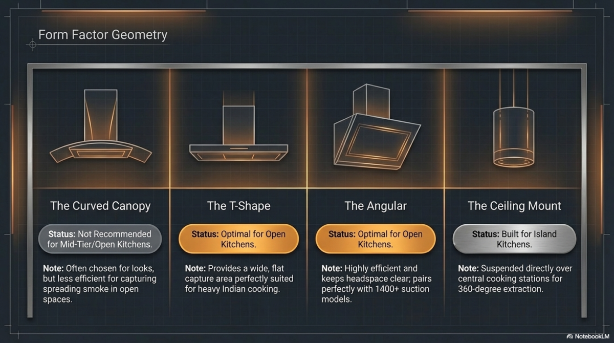 A comparison of four chimney shapes: Curved Canopy (not recommended for open kitchens), T-Shape (optimal for heavy Indian cooking), Angular (highly efficient and space-saving), and Ceiling Mount (built for 360-degree extraction in island kitchens).
