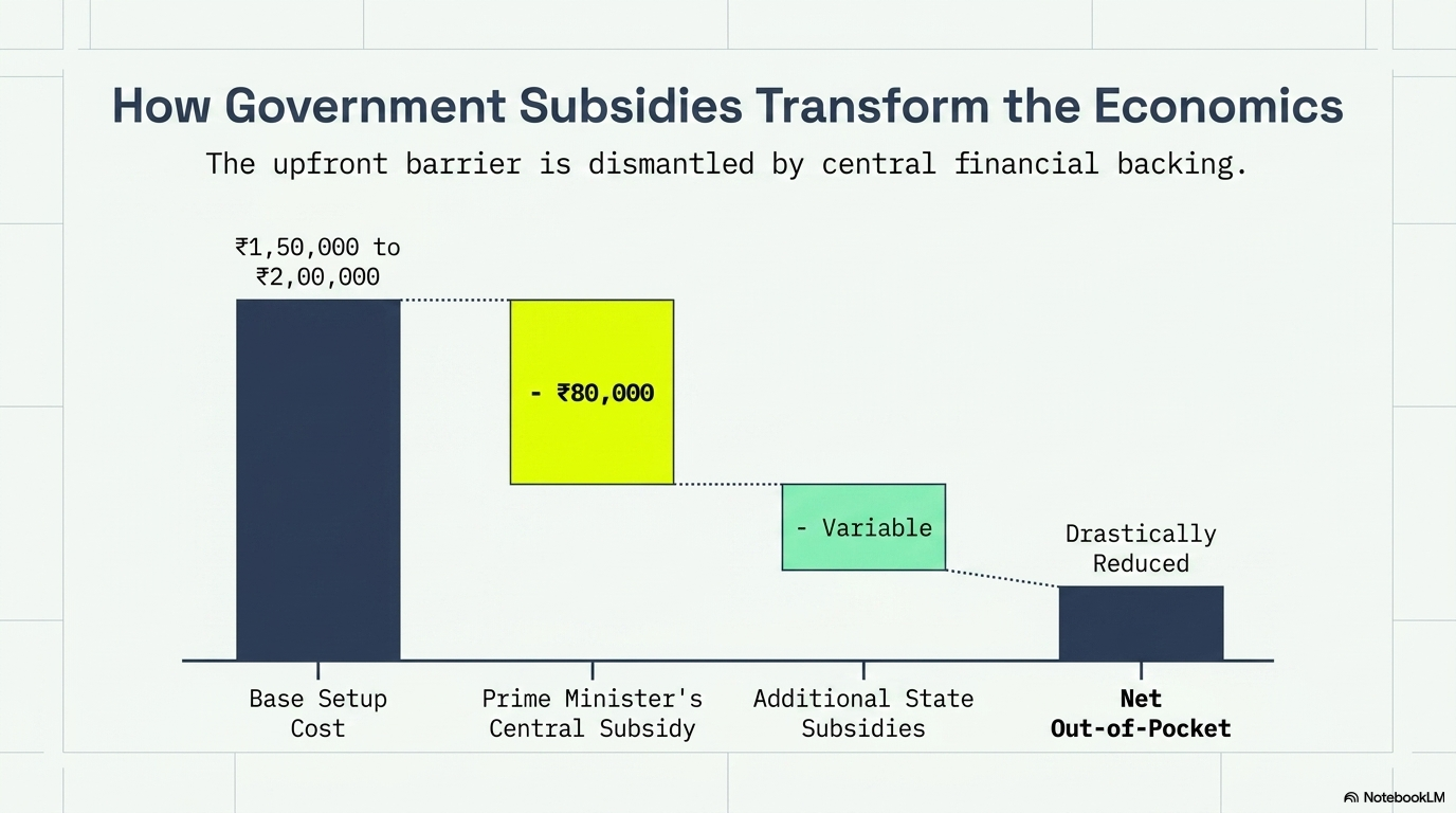 "How Government Subsidies Transform the Economics." It starts with a Base Setup Cost of ₹1,50,000 to ₹2,00,000, subtracts a ₹78,000 Prime Minister's Central Subsidy and additional variable state subsidies, resulting in a "Drastically Reduced" net out-of-pocket expense.