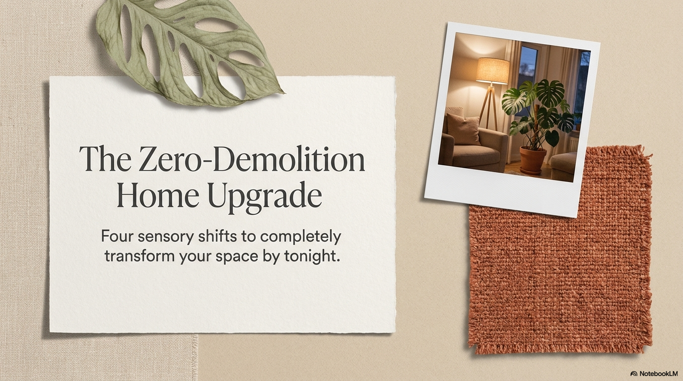 A mood-board style title slide for "The Zero-Demolition Home Upgrade." It features a Polaroid photo of a cozy living room corner with a warm tripod floor lamp and a large Monstera plant. The design is accented with a dried leaf and a swatch of terracotta-colored textured fabric.