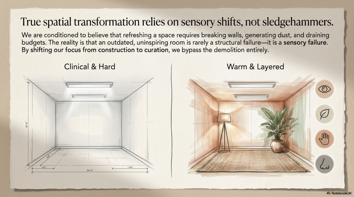 A comparison of two room sketches. The left side, "Clinical & Hard," shows a bare room with harsh fluorescent tubelights. The right side, "Warm & Layered," shows the same room transformed with a floor lamp, a large plant, and a textured rug. Icons for sight, touch, and smell emphasize sensory curation over construction.