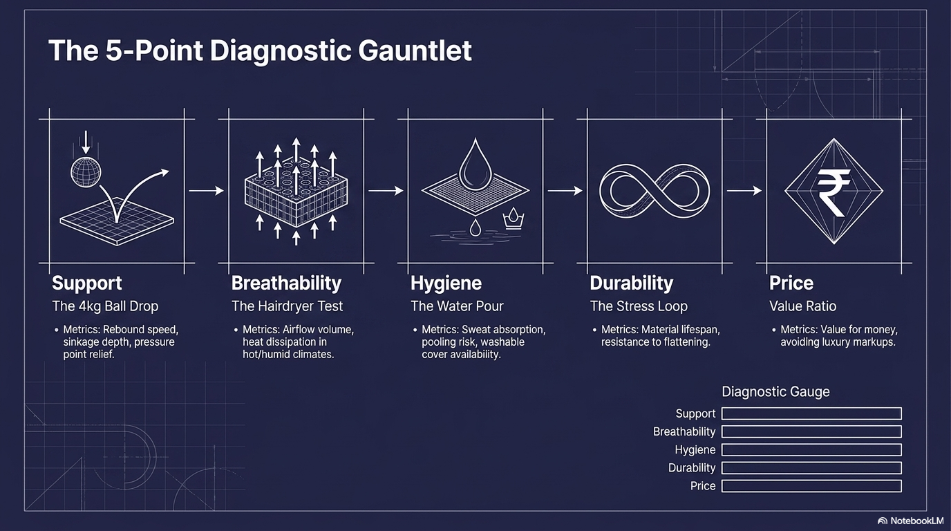 5-point mattress diagnostic test: Support, Breathability, Hygiene, Durability, Price