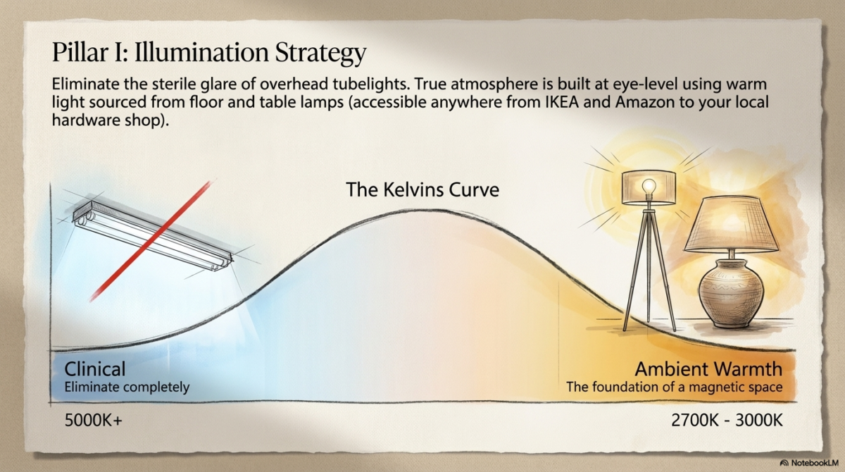 A graphic titled "The Kelvins Curve" showing a color temperature spectrum. It marks 5000K+ overhead tubelights as "Clinical" to be eliminated, and prioritizes the 2700K–3000K range as "Ambient Warmth," illustrated by a tripod floor lamp and a ceramic table lamp.