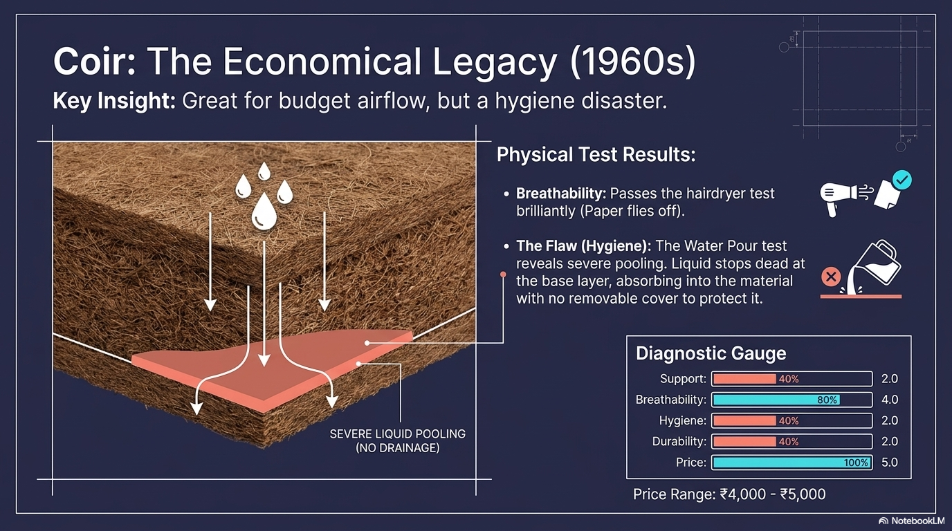 Coir mattress internal layering and the liquid pooling hygiene disaster