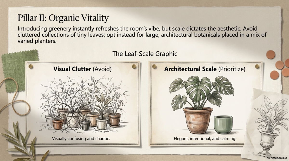 A "Leaf-Scale Graphic" comparing plant aesthetics. "Visual Clutter" shows a chaotic collection of many small, thin-leaved potted plants. "Architectural Scale" prioritizes a single large Monstera plant in a terracotta pot, described as elegant, intentional, and calming.