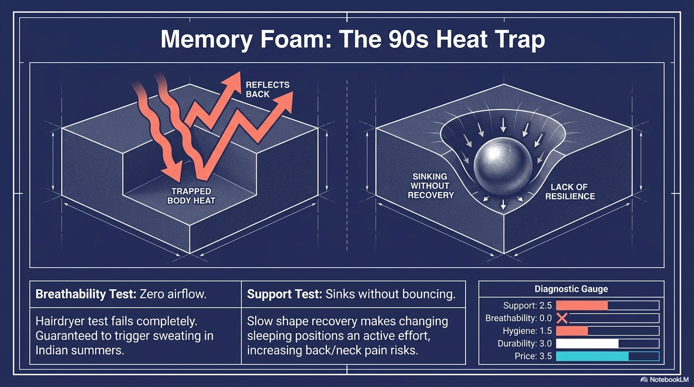 Memory foam heat trap and lack of resilience in 4kg ball rebound test