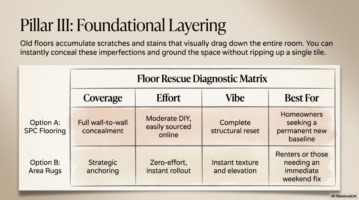 A "Floor Rescue Diagnostic Matrix" comparing two no-demo flooring options. "Option A: SPC Flooring" offers full wall-to-wall concealment with moderate DIY effort. "Option B: Area Rugs" provides strategic anchoring with zero effort and instant texture, best for renters.