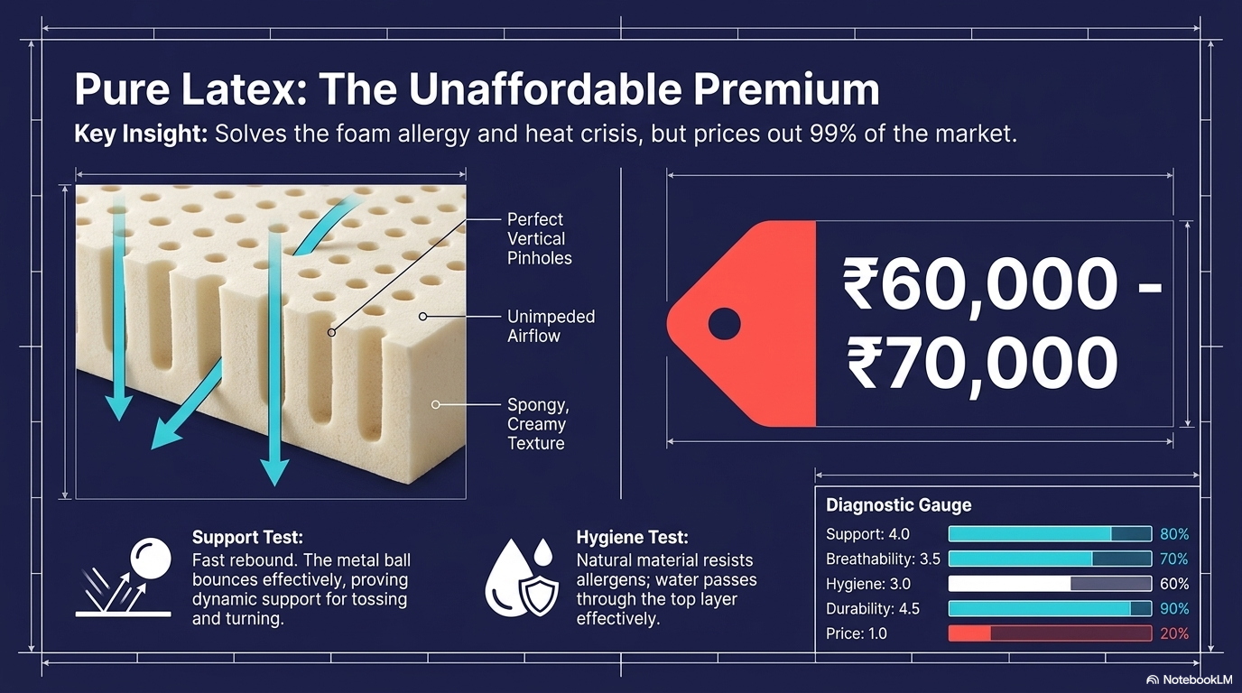 Pure latex mattress vertical pin-holes for natural airflow and support