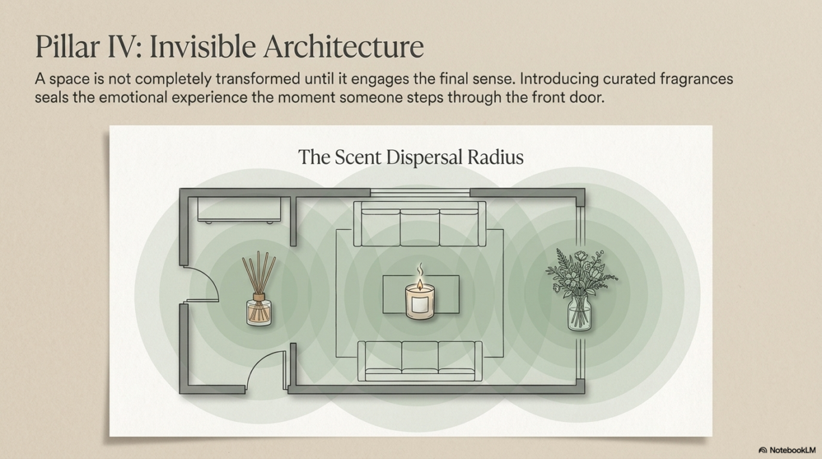 A floor plan titled "The Scent Dispersal Radius." It illustrates the strategic placement of a reed diffuser near the entrance, a scented candle on a central coffee table, and fresh flowers near a window to create overlapping zones of curated fragrance.