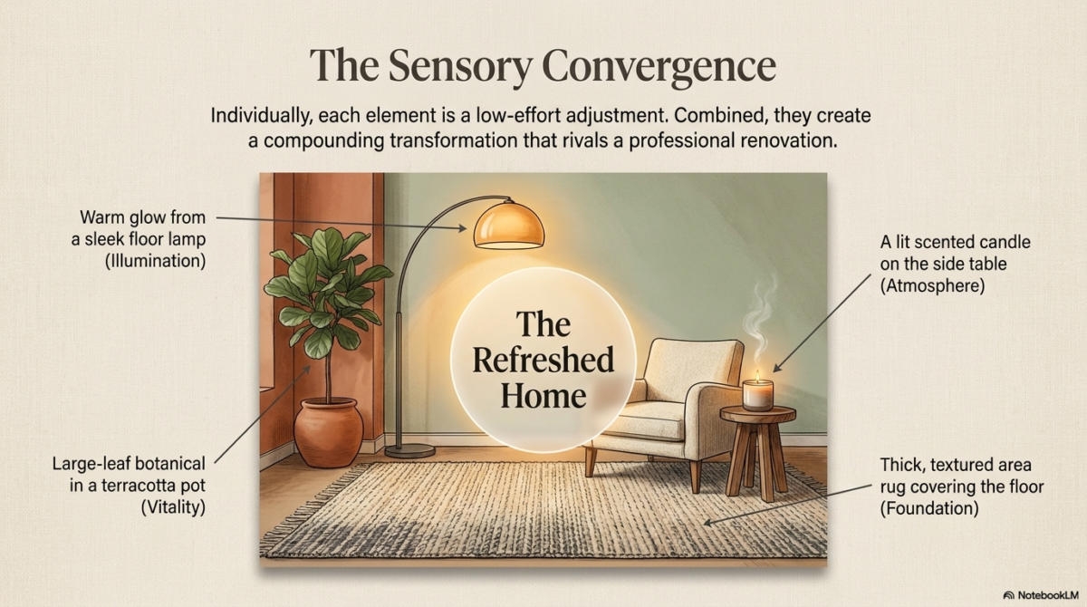 A final summary graphic titled "The Refreshed Home." It shows a fully styled room corner with labels for each sensory pillar: warm glow from a floor lamp (Illumination), a large-leaf botanical (Vitality), a thick textured rug (Foundation), and a lit scented candle (Atmosphere).