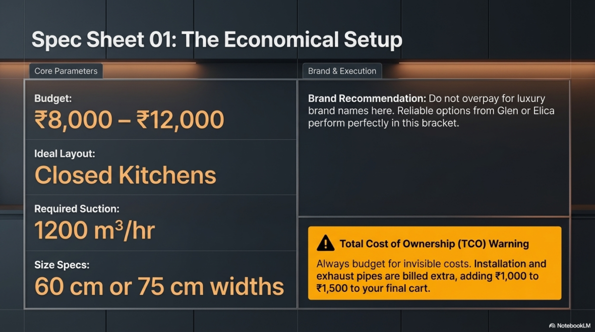 An info-graphic for budget-conscious buyers titled "The Pragmatist." It highlights a budget of ₹8,000–₹12,000 for closed kitchens, requiring 1200 suction and 60cm–75cm widths. Includes a warning for hidden installation and pipe costs (₹1,000–₹1,500).