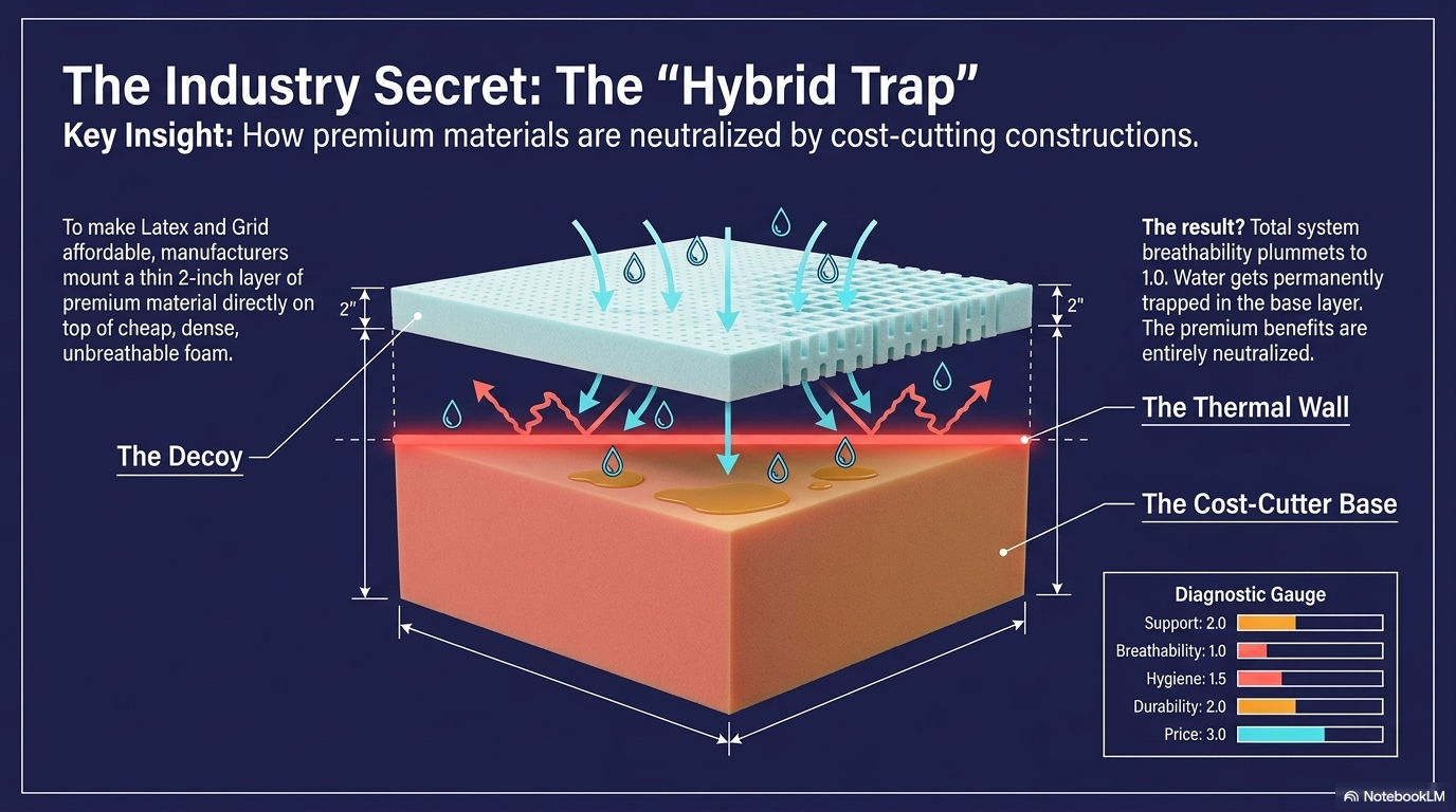 The Hybrid Trap: Premium latex layer neutralized by unbreathable foam base
