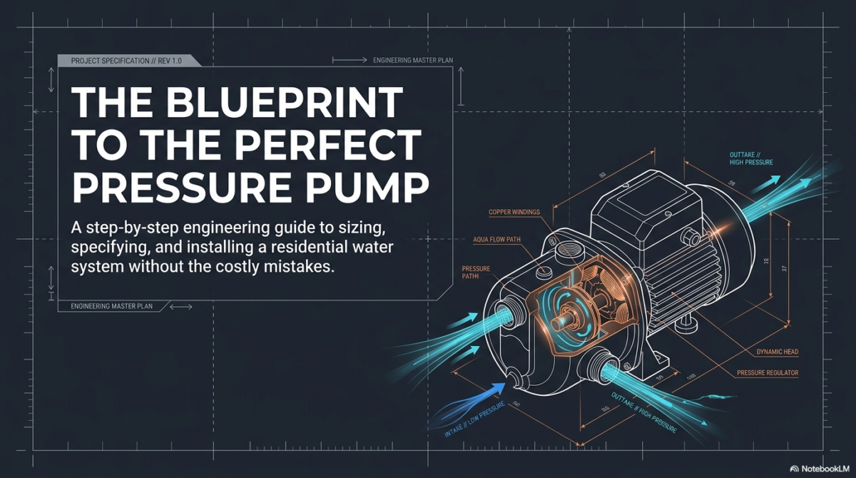 A blueprint-style cover showing a technical 3D cutout of a water pressure pump with internal copper windings and pressure paths labeled.