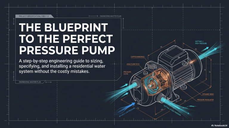 A blueprint-style cover showing a technical 3D cutout of a water pressure pump with internal copper windings and pressure paths labeled.