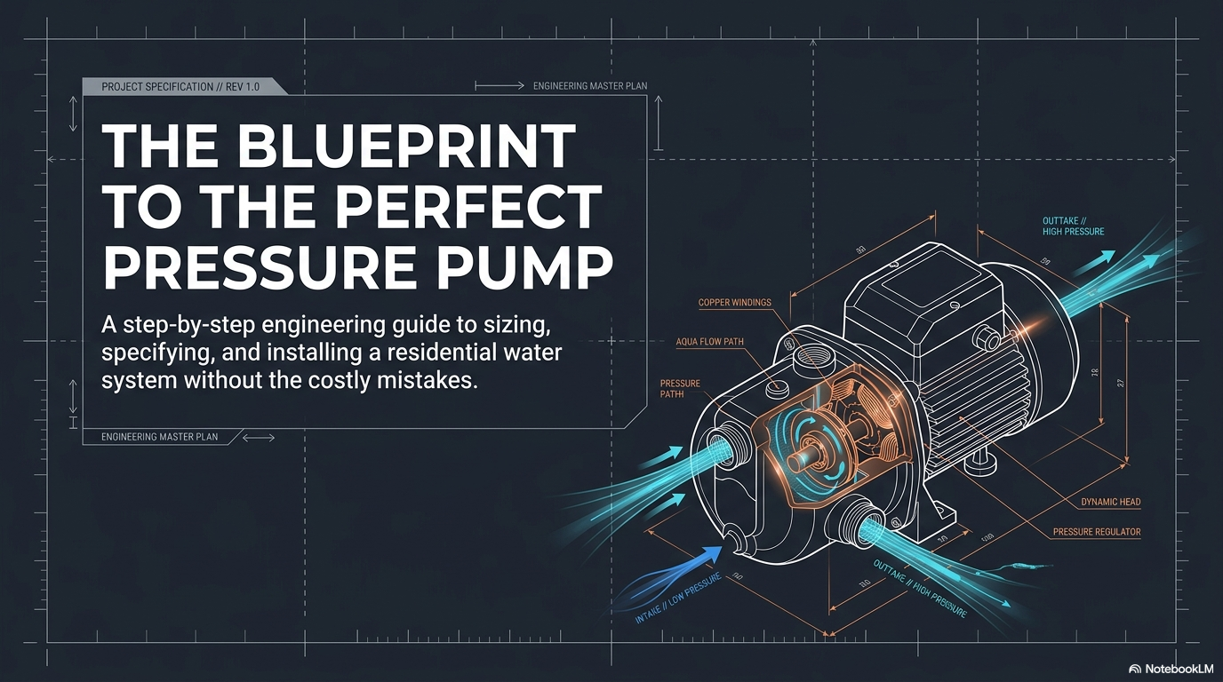 A blueprint-style cover showing a technical 3D cutout of a water pressure pump with internal copper windings and pressure paths labeled.