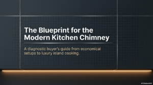 A dark, minimalist title slide with the text "The Blueprint for the Modern Kitchen Chimney: A diagnostic buyer's guide from economical setups to luxury island cooking." Features a sleek, architectural grid background and warm LED under-lighting.