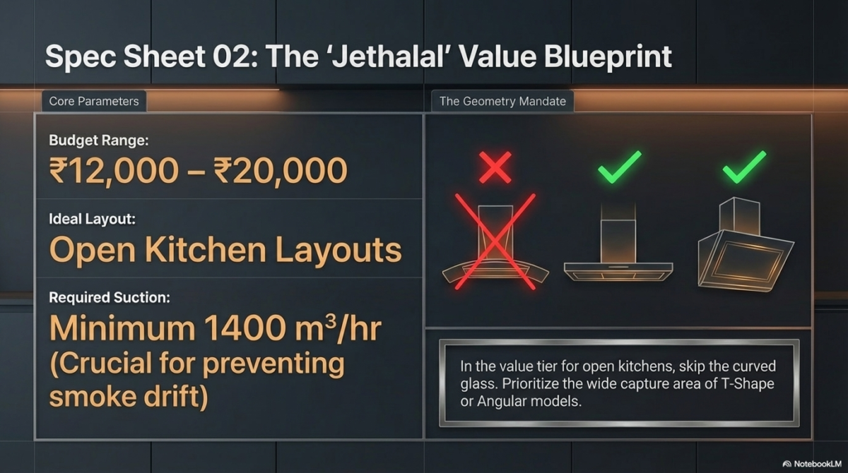 An info-graphic for mid-tier buyers titled "The Jethalal Value Blueprint." It recommends a budget of ₹12,000–₹20,000 for open kitchens with a minimum 1400 suction. Visual cues show a green checkmark for T-Shape/Angular models and a red 'X' for Curved Glass models.