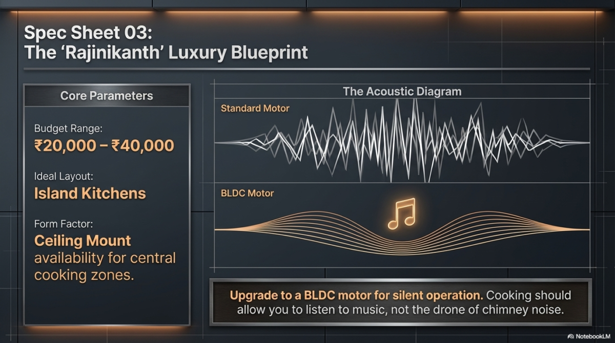 An info-graphic for luxury setups titled "The Rajinikanth Luxury Blueprint." It showcases ceiling-mount chimneys for island kitchens with a ₹20,000–₹40,000 budget. Includes an acoustic diagram comparing the loud noise of standard motors to the silent, musical operation of a BLDC motor.
