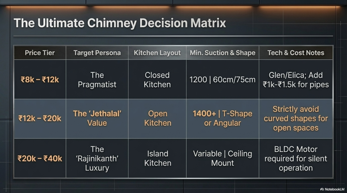 A summary table categorizing chimneys into three tiers: The Pragmatist (Budget), The Jethalal (Value), and The Rajinikanth (Luxury). It maps out price ranges, layouts, suction requirements, and technical notes like BLDC motors and brand recommendations.