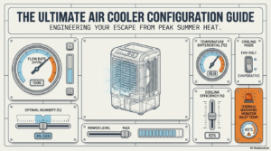 A technical dashboard-style title slide for "The Ultimate Air Cooler Configuration Guide." It features various gauges for Flow Rate ($1500 m^3/h$), Temperature Differential ($15^{\circ}C$), Cooling Efficiency ($92\%$), and a central technical wireframe drawing of a modern air cooler.