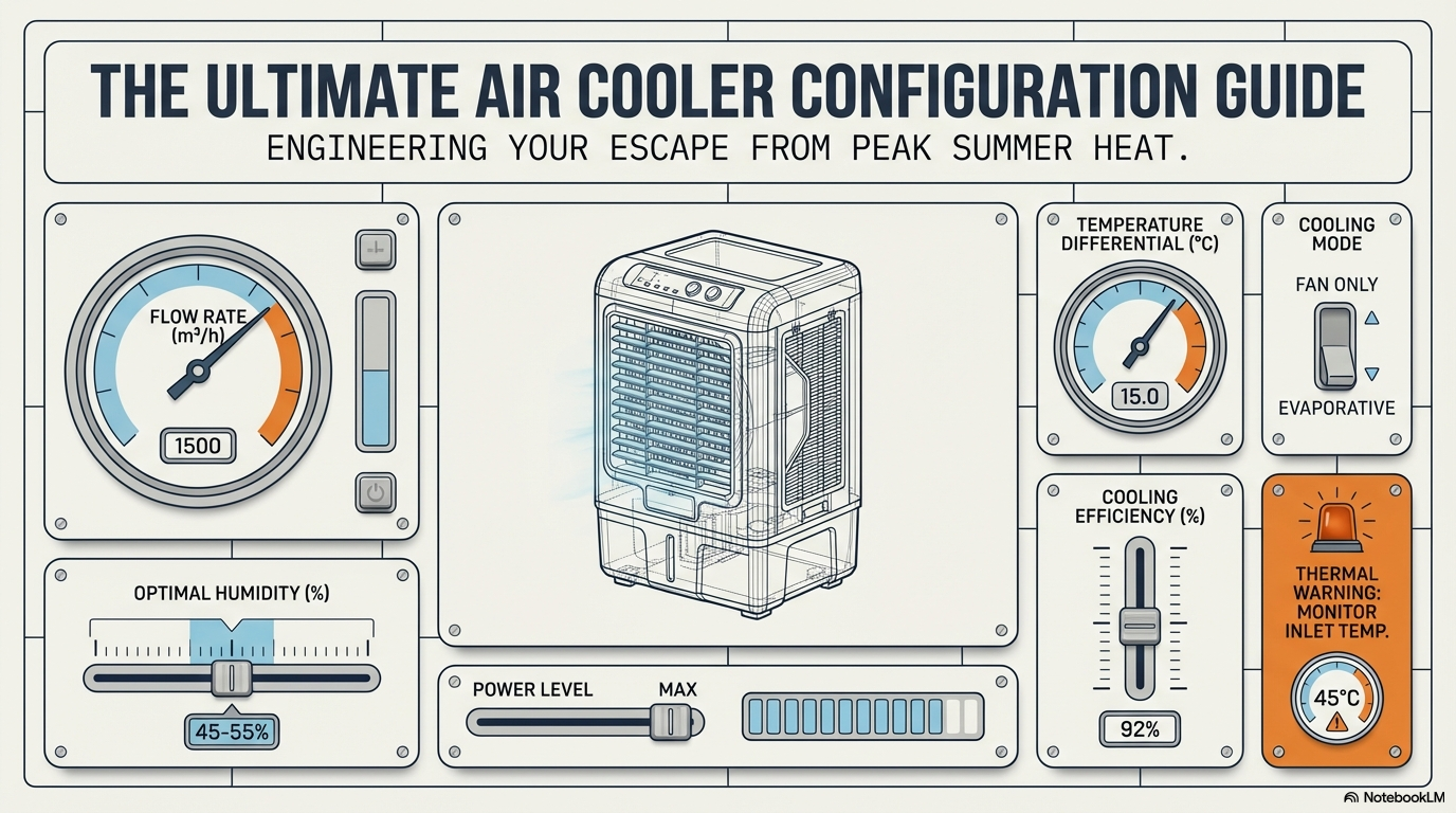 A technical dashboard-style title slide for "The Ultimate Air Cooler Configuration Guide." It features various gauges for Flow Rate ($1500 m^3/h$), Temperature Differential ($15^{\circ}C$), Cooling Efficiency ($92\%$), and a central technical wireframe drawing of a modern air cooler.