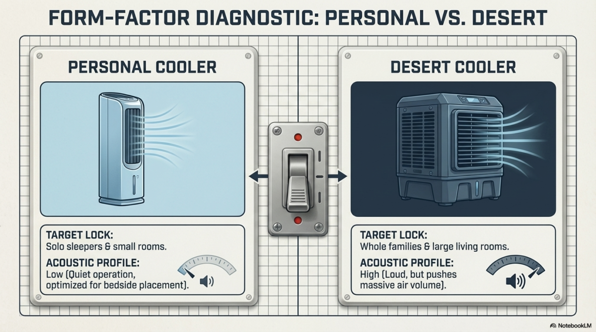 A comparison of air cooler form factors. The "Personal Cooler" is a sleek tower fan design for solo sleepers and small rooms with a quiet acoustic profile. The "Desert Cooler" is a large, square unit for families and large living rooms with a high-volume, loud acoustic profile.