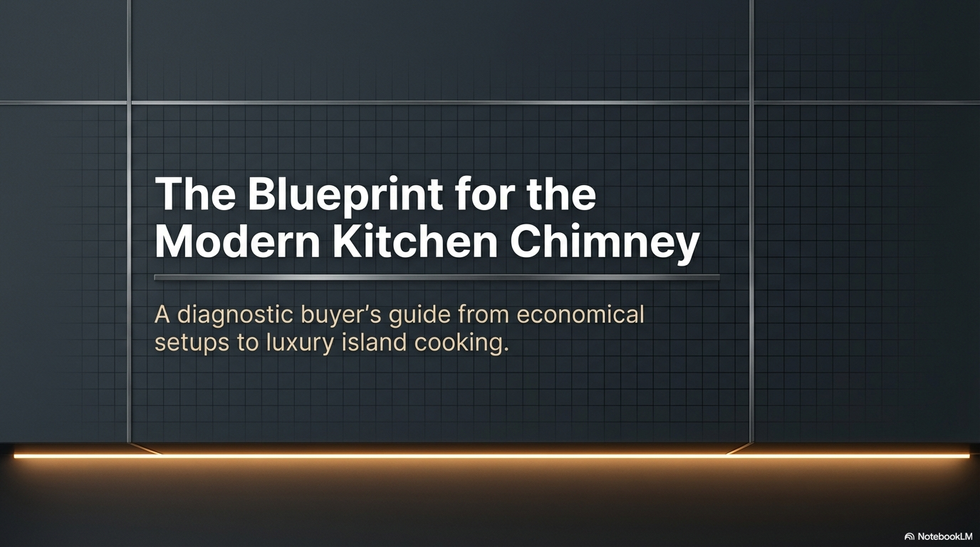 A dark, minimalist title slide with the text "The Blueprint for the Modern Kitchen Chimney: A diagnostic buyer's guide from economical setups to luxury island cooking." Features a sleek, architectural grid background and warm LED under-lighting.