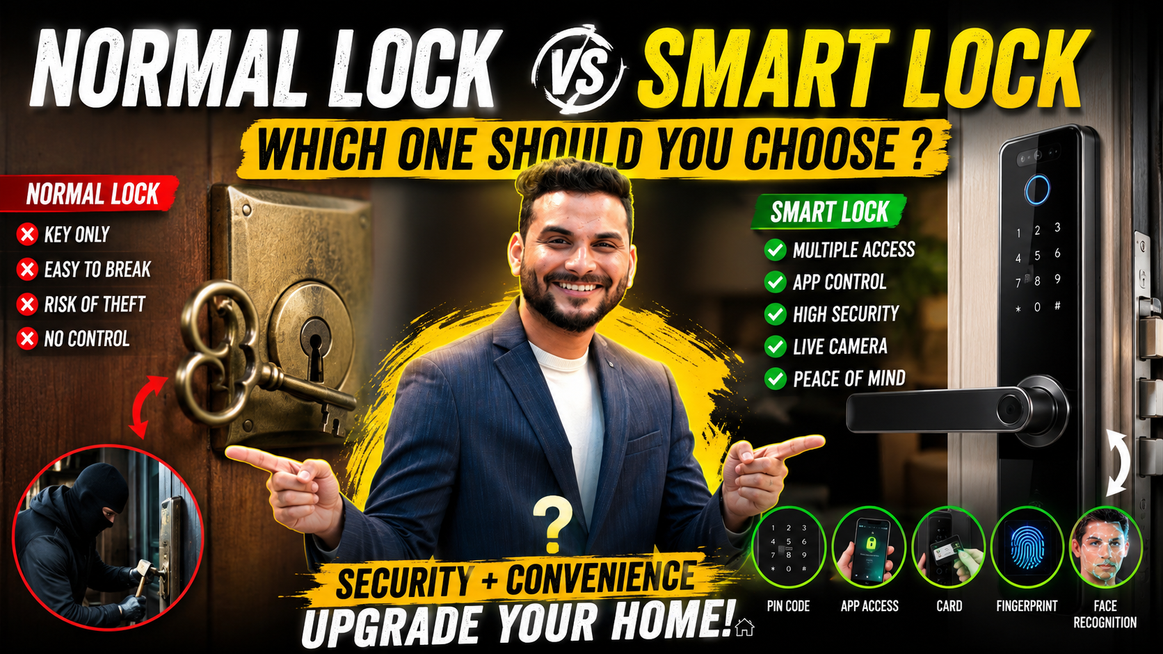 “Smart Lock vs Normal Lock comparison thumbnail featuring Ar. Sourabh Jain explaining home security solutions for modern Indian homes.”
