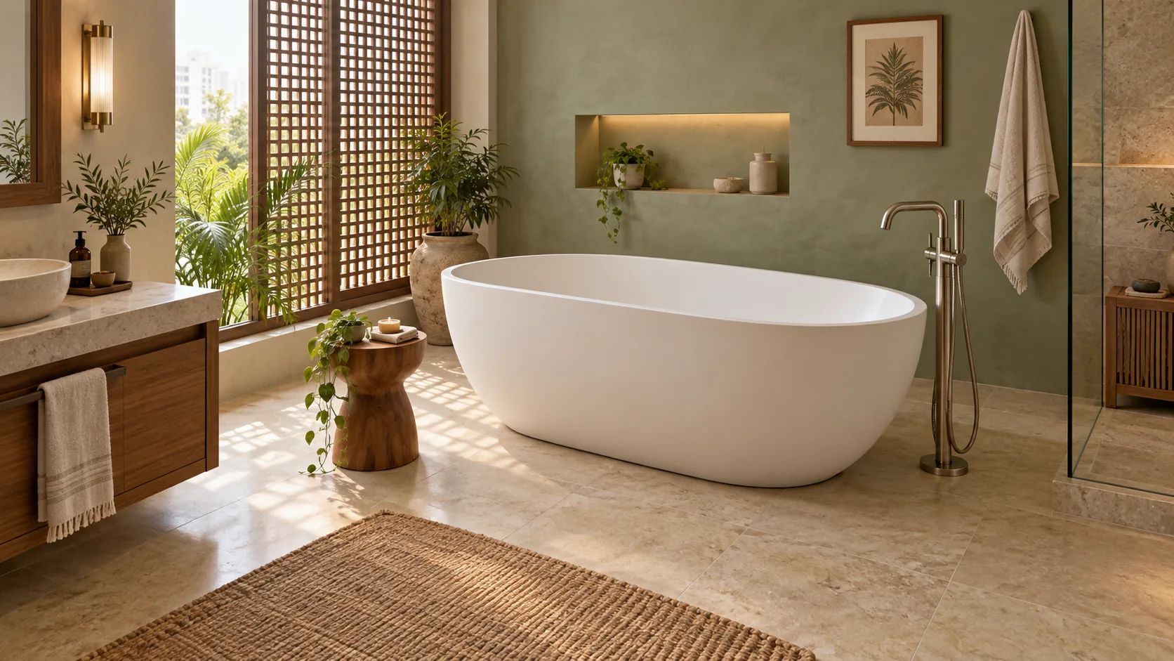 Illustrative bathroom concept with a white freestanding bathtub, sage wall and warm stone-look finishes