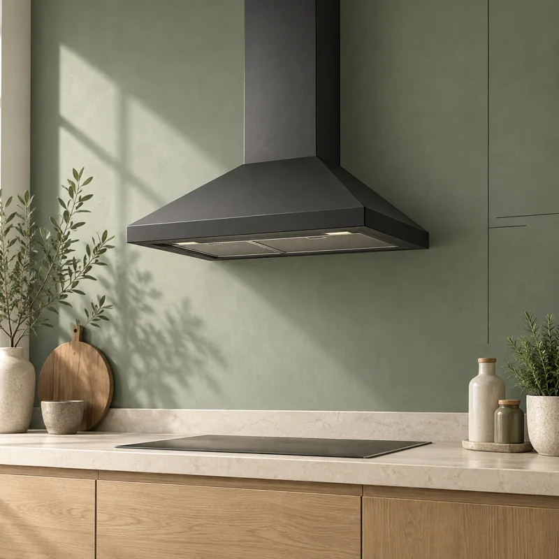 Conceptual kitchen extractor hood above a stone counter
