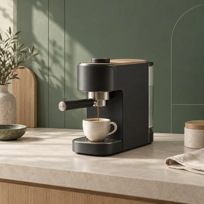 Conceptual coffee machine illustration in a sage and stone kitchen