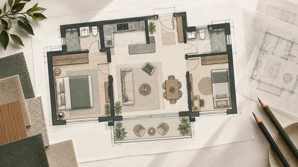Conceptual room plan with furniture and material samples