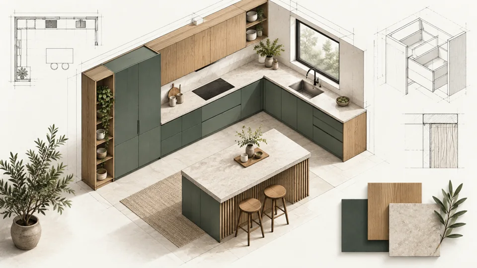 Conceptual kitchen planning illustration with cabinetry and material samples