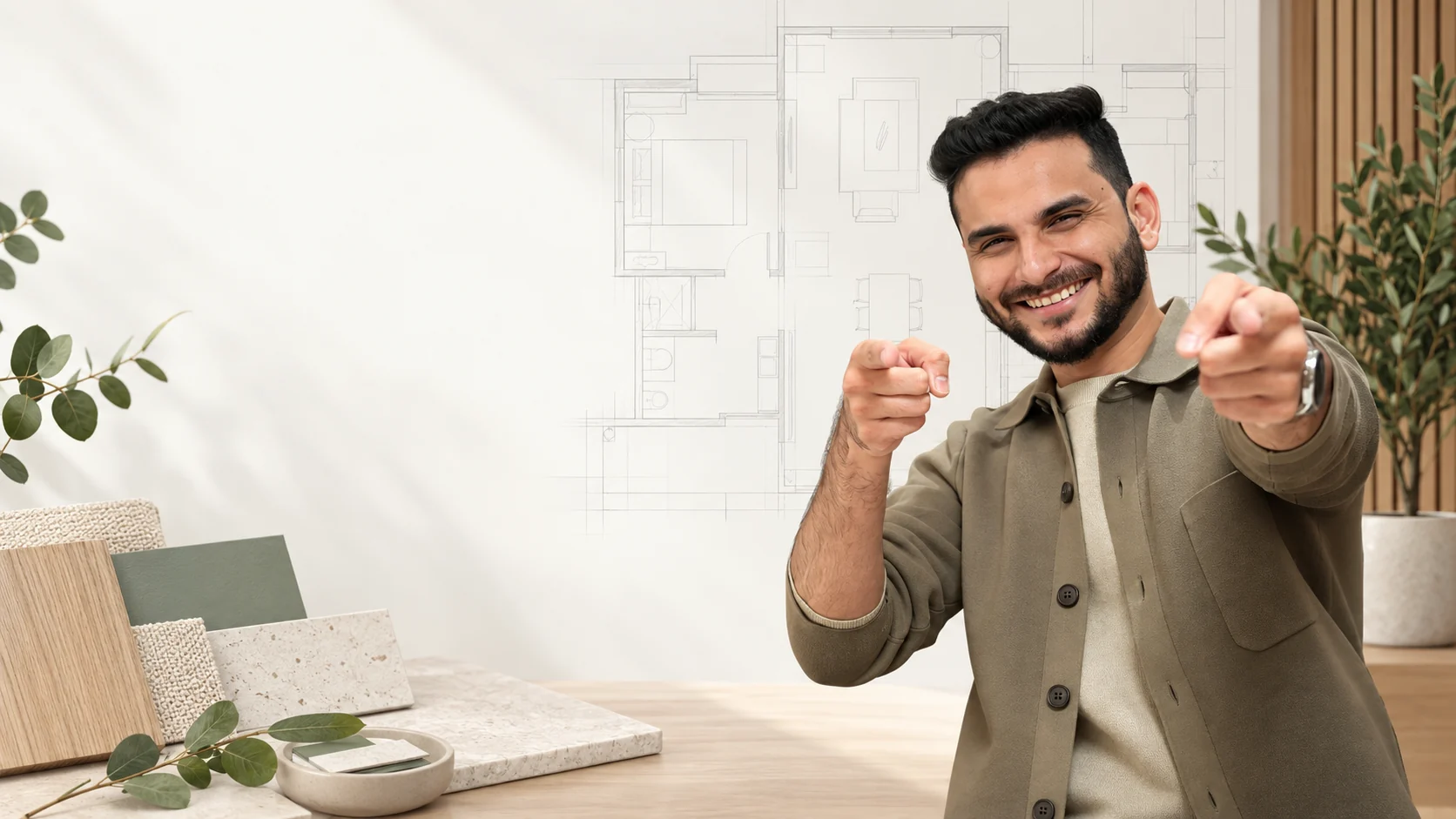 Sourabh Jain with an illustrative floor-plan and material palette