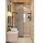 Wood-look vanity and a rounded mirror — bathroom design, view 2