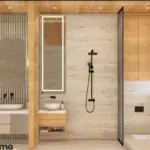 Wood-look vanity and a rounded mirror — bathroom design, view 3