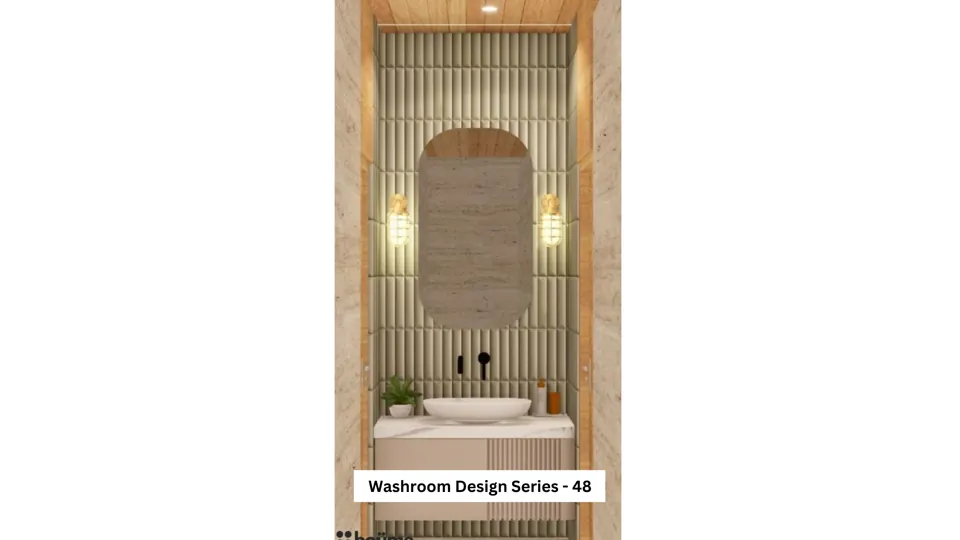 Wood-look vanity and a rounded mirror — bathroom design, view 1