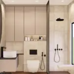 Cream walls with a curved mirror — bathroom design, view 2