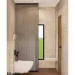 Cream walls with a curved mirror — bathroom design, view 3