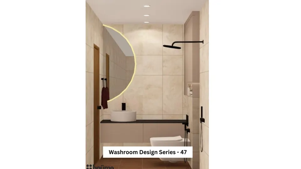 Cream walls with a curved mirror — bathroom design, view 1