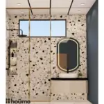 Terrazzo-look wall and oval mirror — bathroom design, view 2