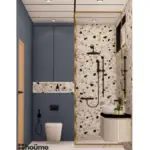 Terrazzo-look wall and oval mirror — bathroom design, view 3
