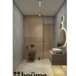 Grey walls and circular mirror details — bathroom design, view 2