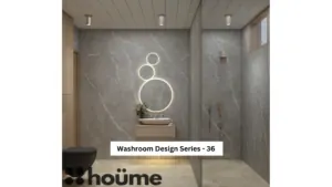 Grey walls and circular mirror details — bathroom design, view 1