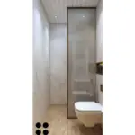 White surfaces and wood-look storage — bathroom design, view 3