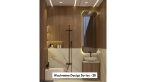 Warm wood-look walls — bathroom design, view 1