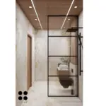 Cream and wood-look surfaces — bathroom design, view 2