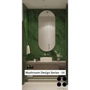 Green wall and an arched mirror — bathroom design, view 1